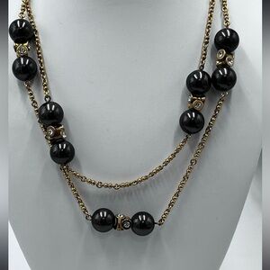 J Crew Faux Black Pearl  Rhinestone Long Gold Tone‎ Necklace